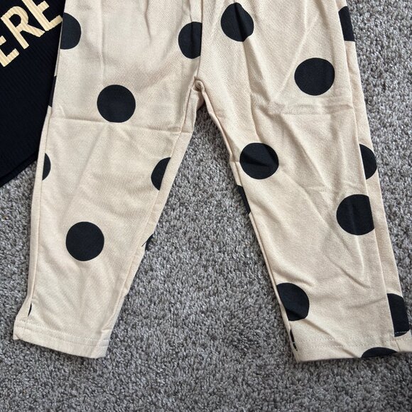 Infant HI I"M HERE Black Top w/Cream Overalls Polka Dot Pant Set 12-18mos. - Picture 4 of 4
